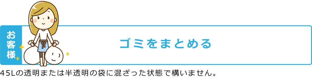 ゴミをまとめます。45Lの透明または半透明の袋に混ざった状態で構いません。